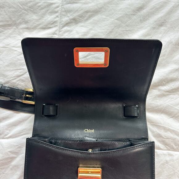 Chloé Louise Box Black Leather Crossbody Bag Gold Turnlock Vintage Authentic - Picture 6 of 12